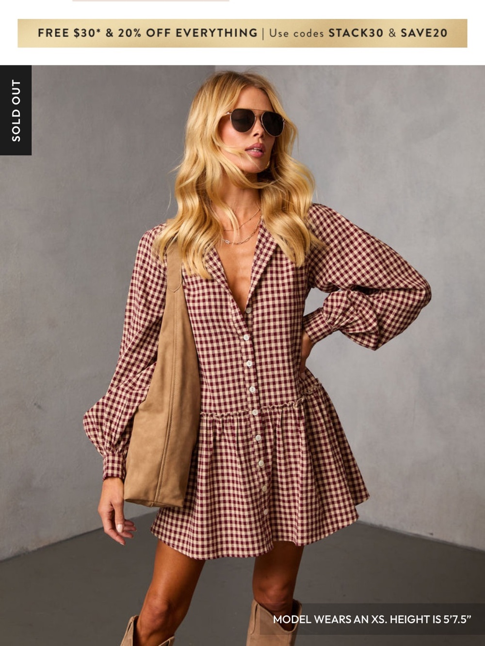 Vici Brown & Cream Gingham Button-Front Peplum Mini Dress